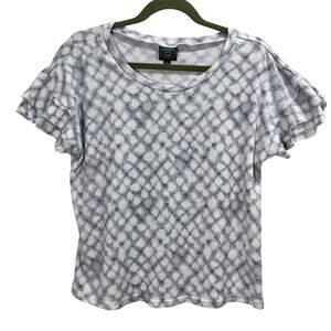 Vintage Laura Ashley Geometric Ruffle Sleeve Casual Top Grey & White Size Medium